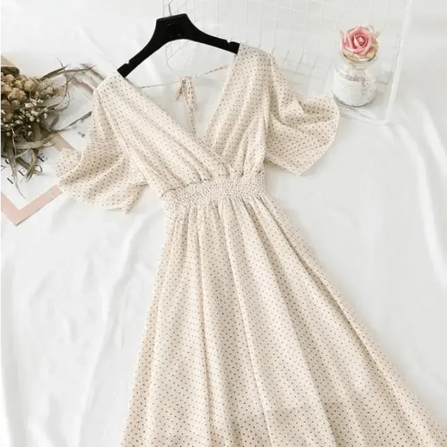 Summer Women Ruffled Short-sleeved Chiffon Dress V-neck High Waist Floral Print Beach Midi Dresses For Women