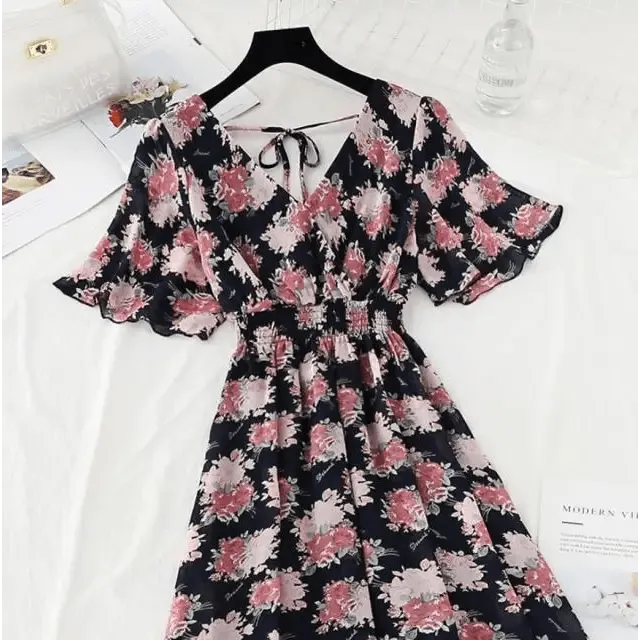 Summer Women Ruffled Short-sleeved Chiffon Dress V-neck High Waist Floral Print Beach Midi Dresses For Women