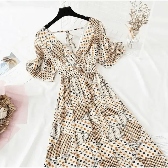 Summer Women Ruffled Short-sleeved Chiffon Dress V-neck High Waist Floral Print Beach Midi Dresses For Women