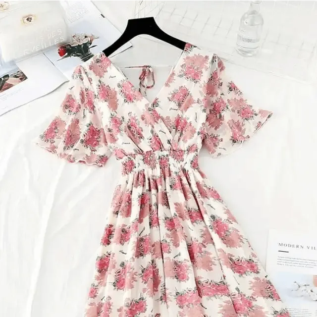 Summer Women Ruffled Short-sleeved Chiffon Dress V-neck High Waist Floral Print Beach Midi Dresses For Women