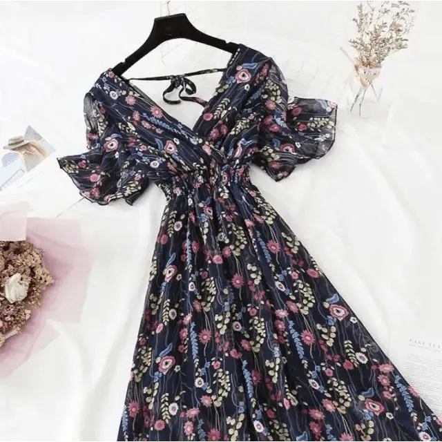 Summer Women Ruffled Short-sleeved Chiffon Dress V-neck High Waist Floral Print Beach Midi Dresses For Women