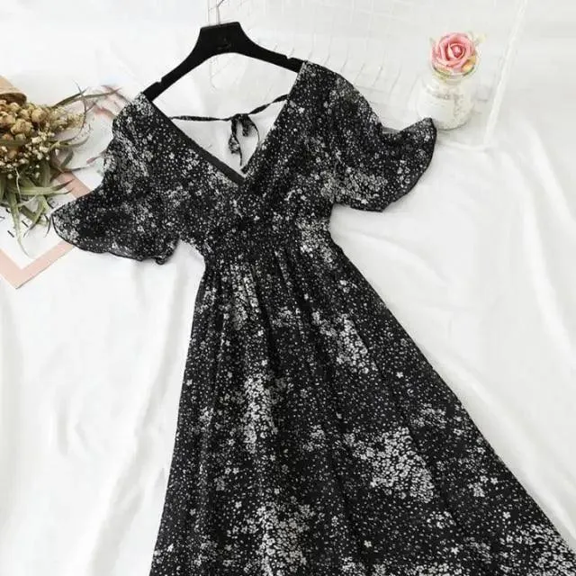Summer Women Ruffled Short-sleeved Chiffon Dress V-neck High Waist Floral Print Beach Midi Dresses For Women