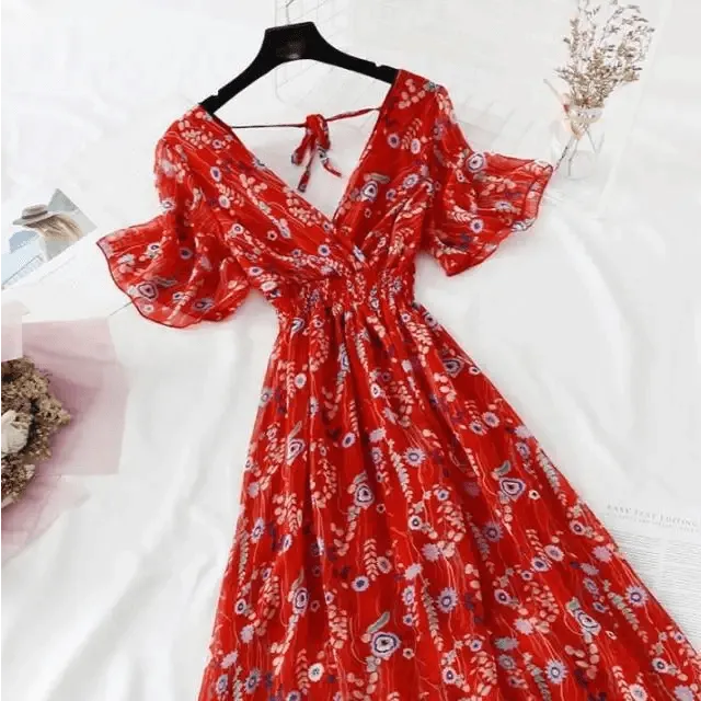 Summer Women Ruffled Short-sleeved Chiffon Dress V-neck High Waist Floral Print Beach Midi Dresses For Women