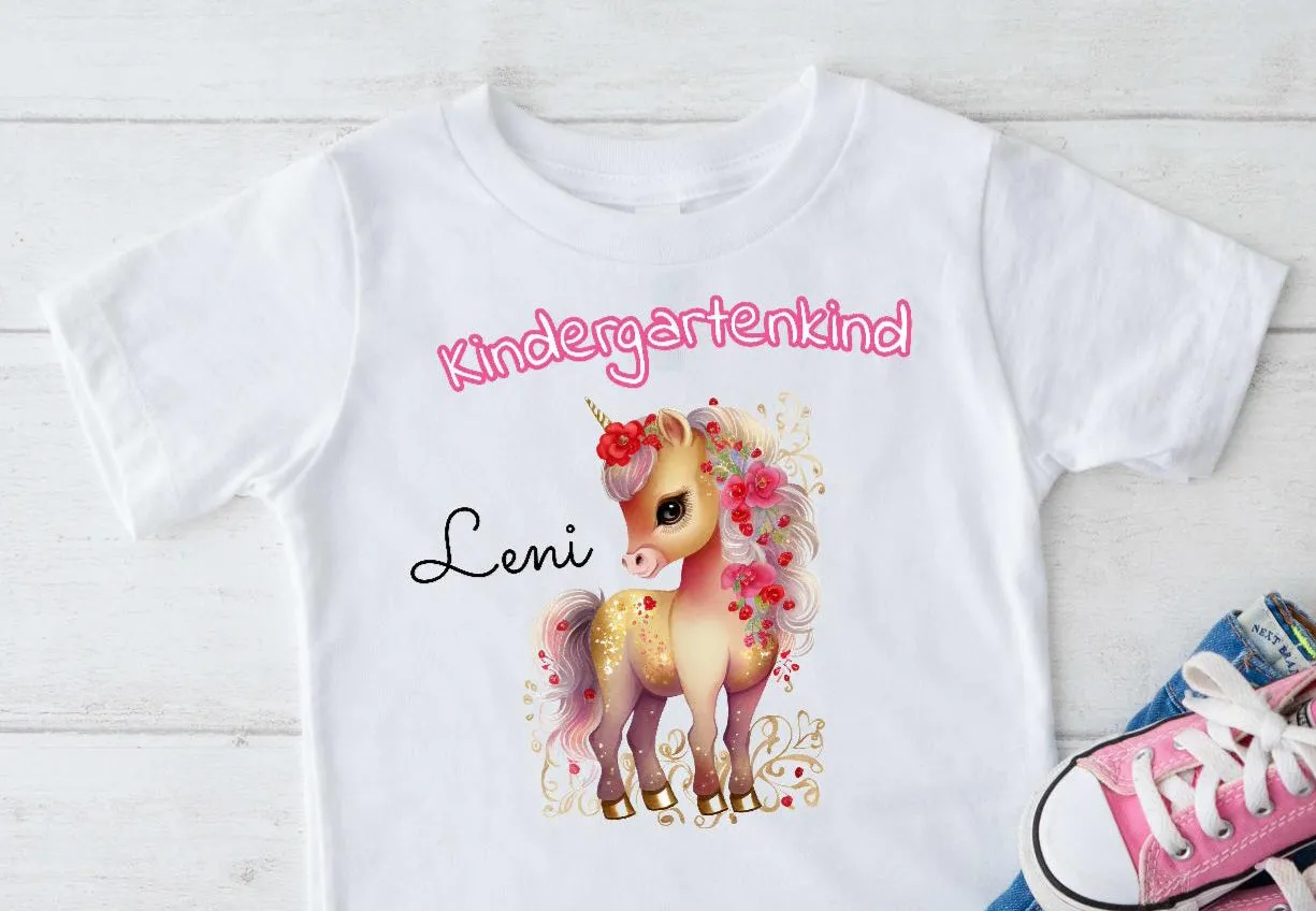 T-Shirt Kindergartenkind Mädchen Einhorn Pferd mit Name