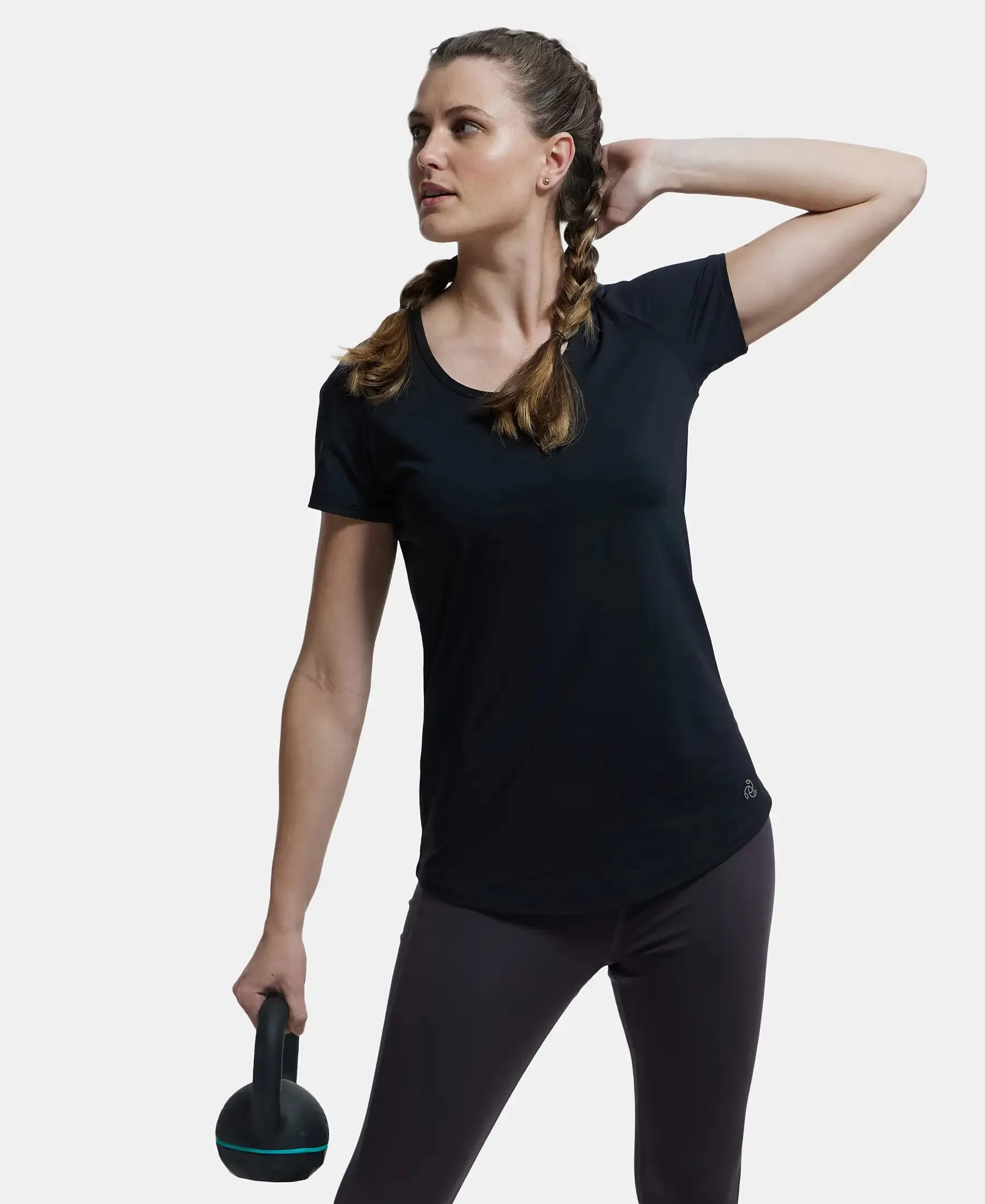 Tactel Microfiber Elastane Stretch Relaxed Fit Solid Curved Hem Styled Short Sleeve T-Shirt - Black