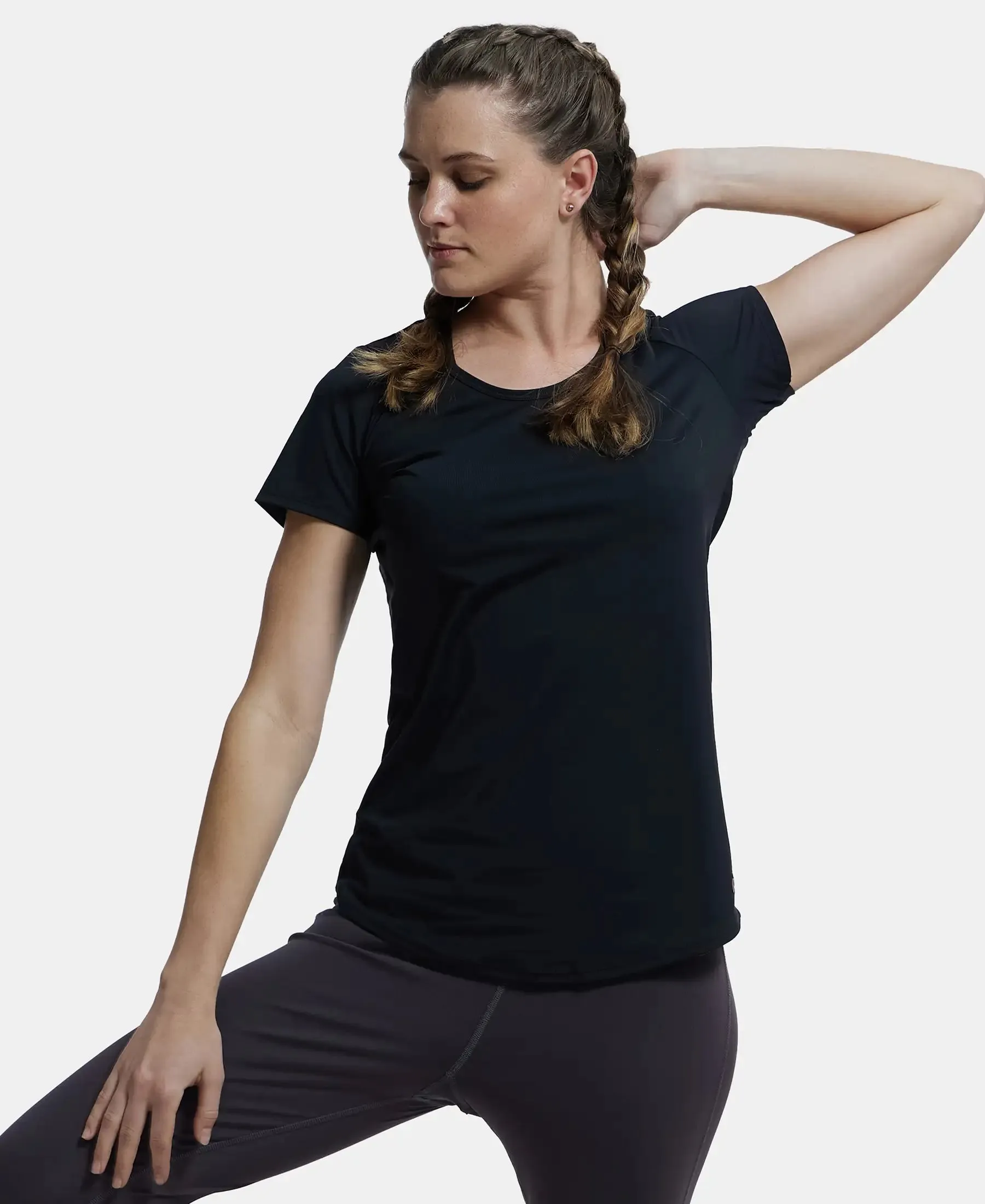 Tactel Microfiber Elastane Stretch Relaxed Fit Solid Curved Hem Styled Short Sleeve T-Shirt - Black