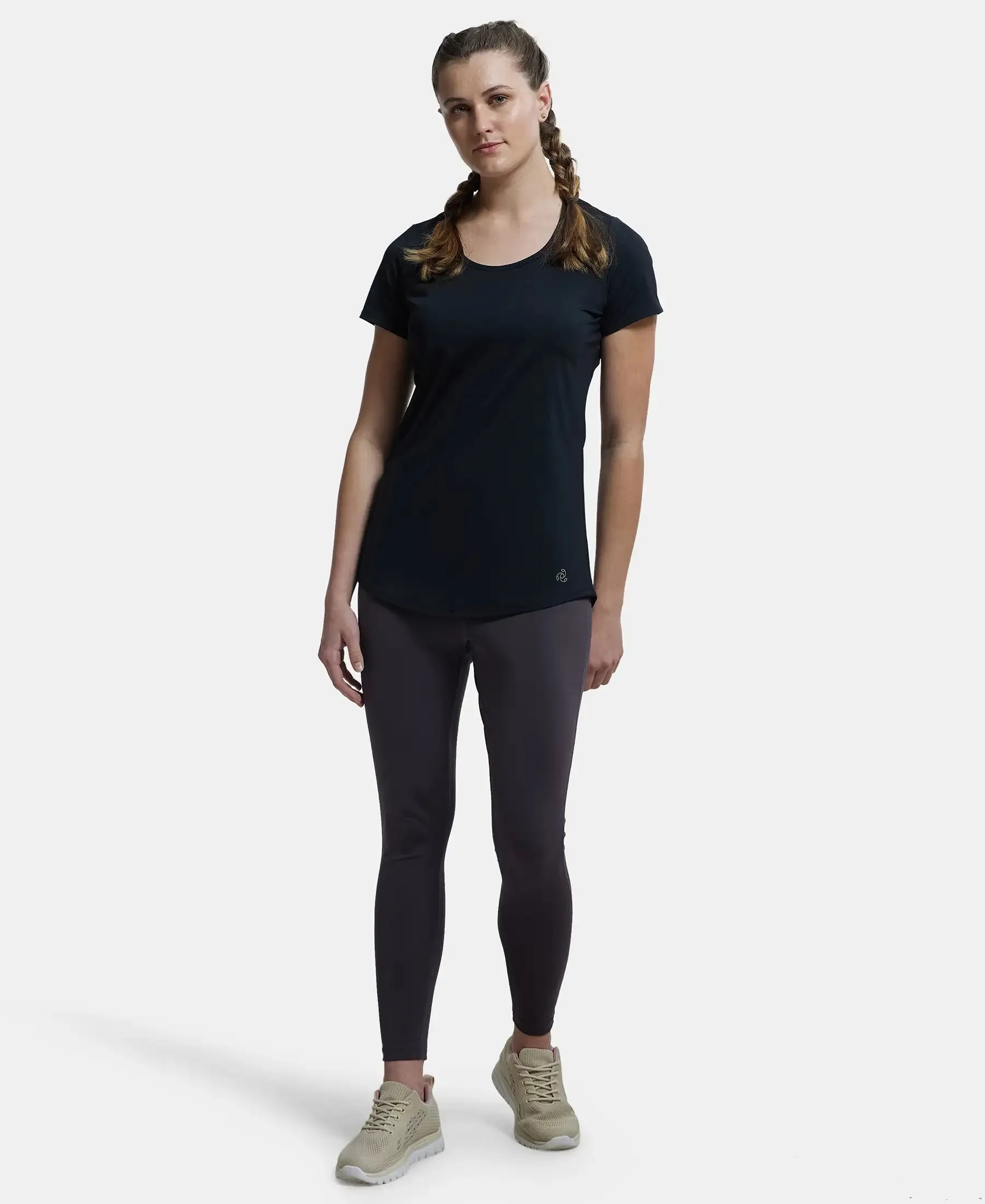 Tactel Microfiber Elastane Stretch Relaxed Fit Solid Curved Hem Styled Short Sleeve T-Shirt - Black
