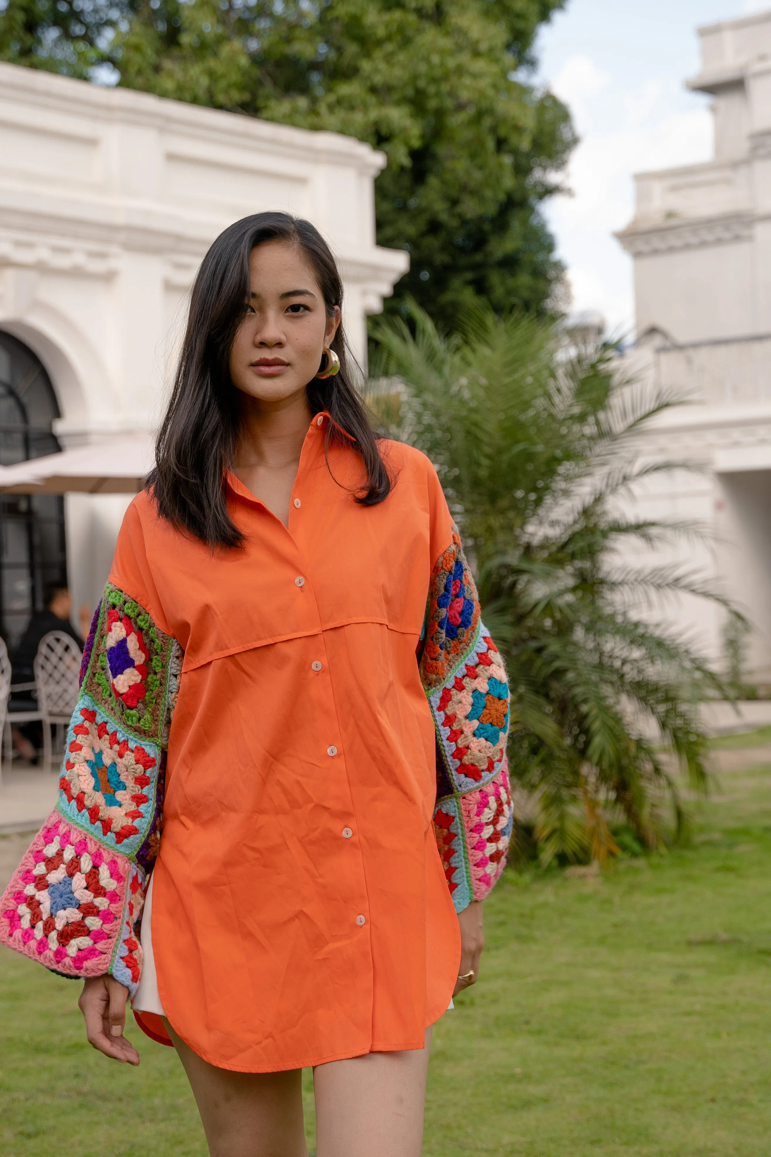 Tangerine Oversized Shirt with Multicolour Sleeves