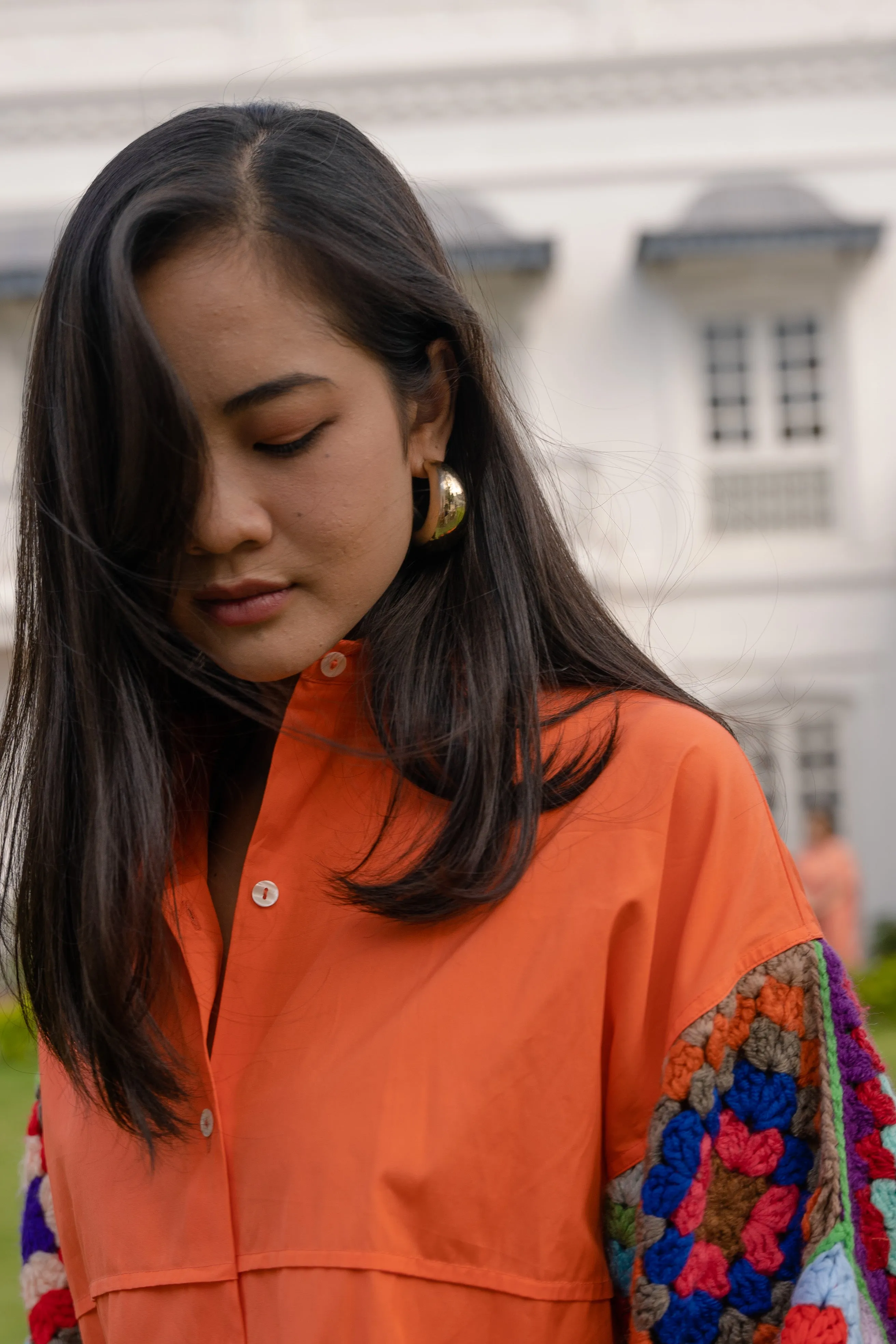 Tangerine Oversized Shirt with Multicolour Sleeves