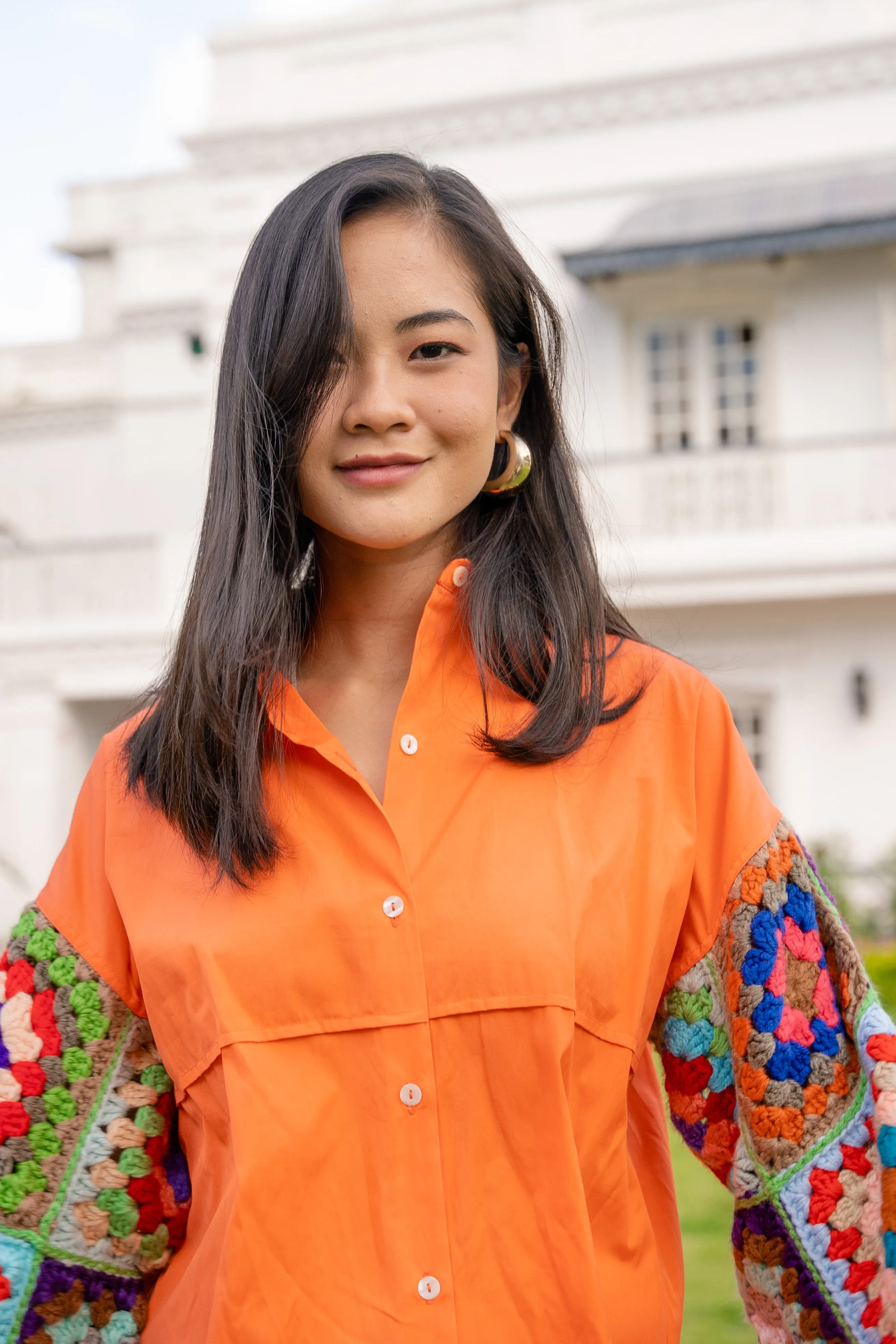 Tangerine Oversized Shirt with Multicolour Sleeves