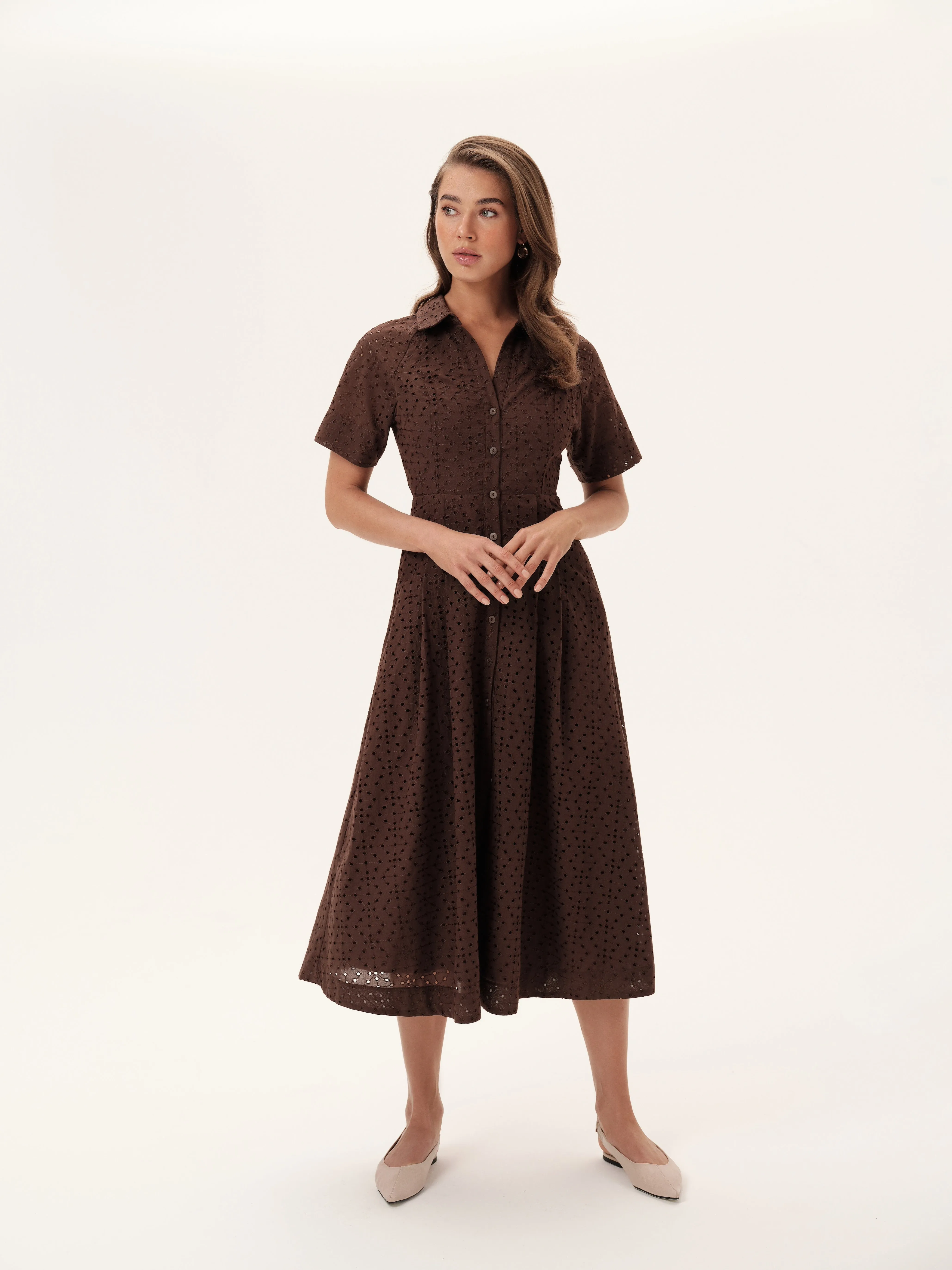 The Sydney Shirt Dress in Chocolate Brown Eyelet