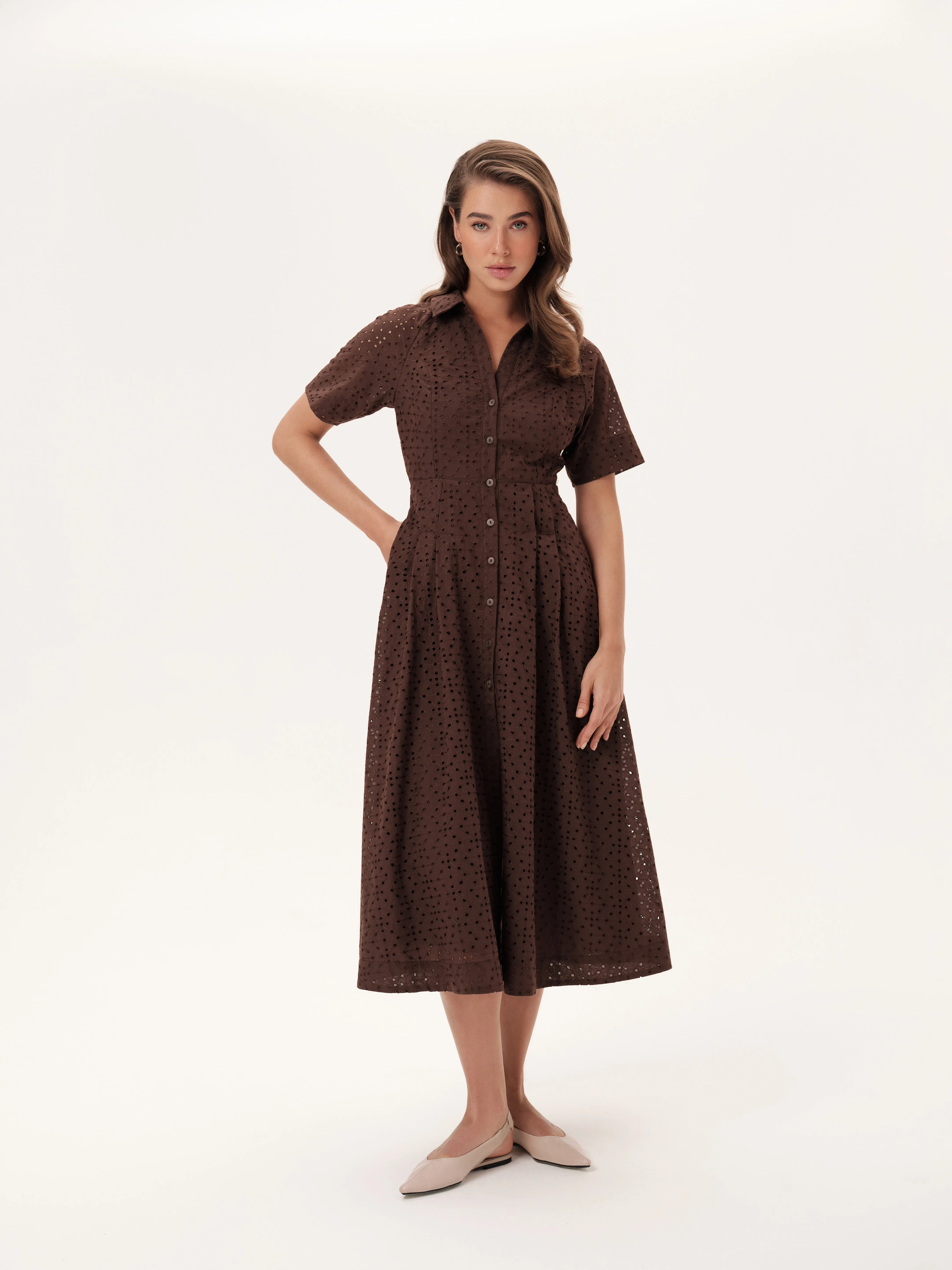 The Sydney Shirt Dress in Chocolate Brown Eyelet