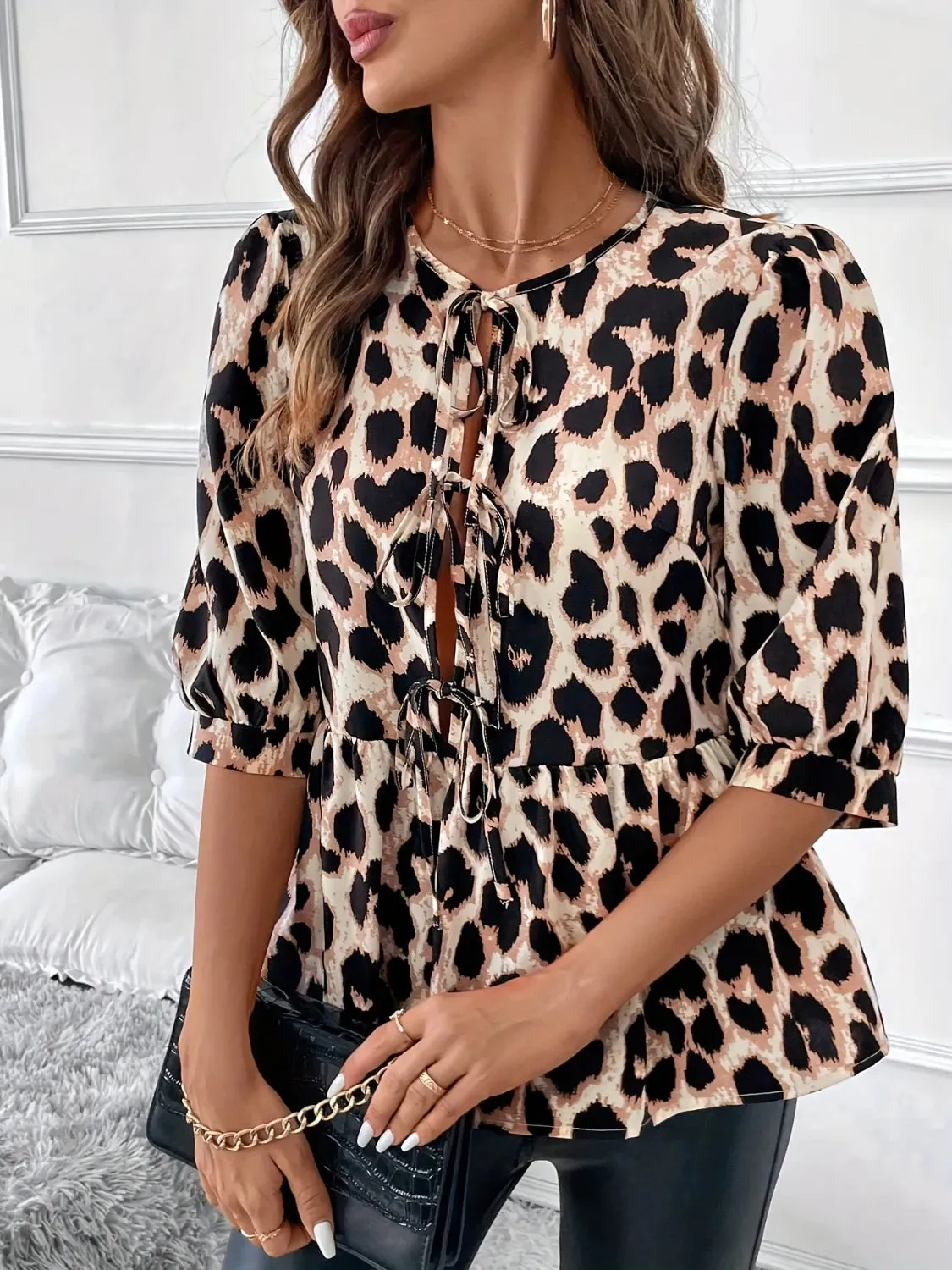 Tied Leopard Round Neck Half Sleeve Blouse