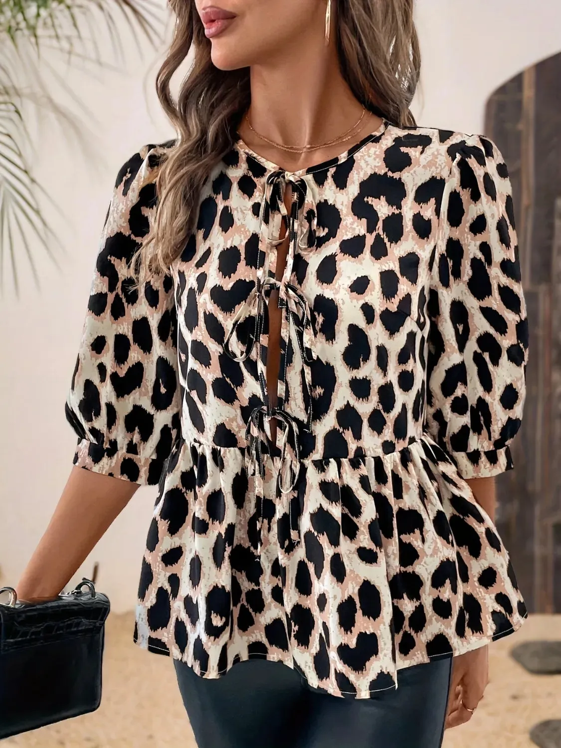 Tied Leopard Round Neck Half Sleeve Blouse