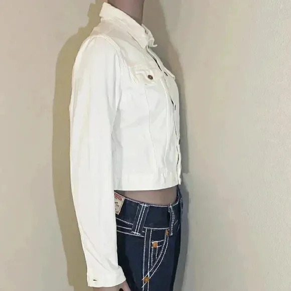 Tommy Jeans White Jean Cropped Jacket Collared Top Size Medium‎ Casual Fall Top