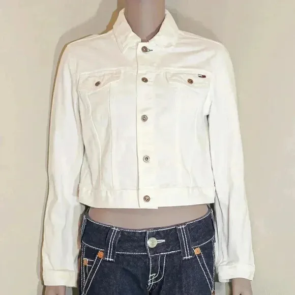 Tommy Jeans White Jean Cropped Jacket Collared Top Size Medium‎ Casual Fall Top