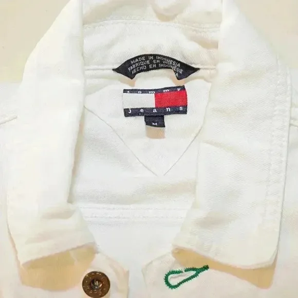 Tommy Jeans White Jean Cropped Jacket Collared Top Size Medium‎ Casual Fall Top