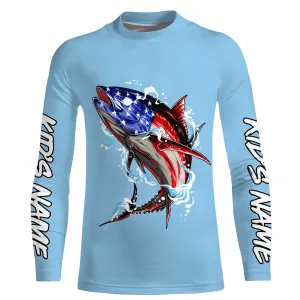 Tuna fishing American flag sky blue Custom name fishing shirts jerseys | Kid Long Sleeves NPQ947