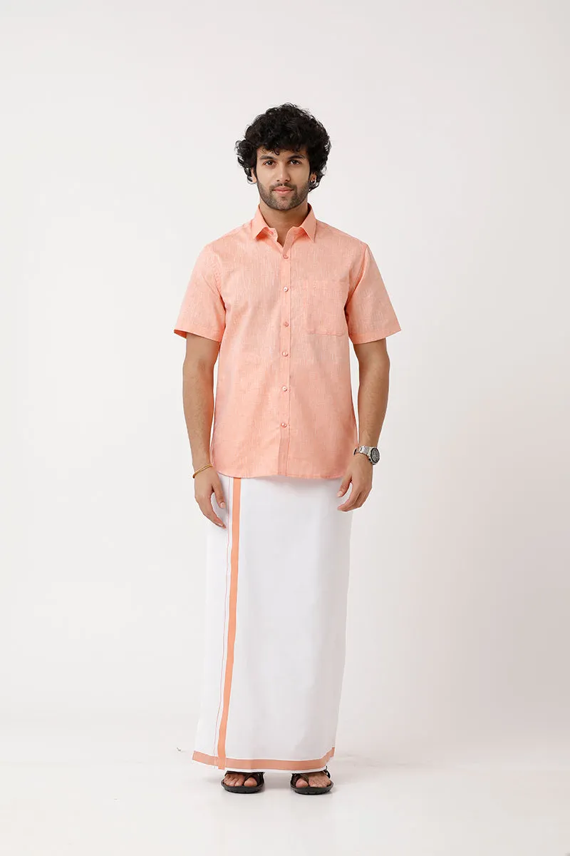 Varna - Peach Orange Single Layered Fancy Border Pocket Dhoti For Men | Uathayam
