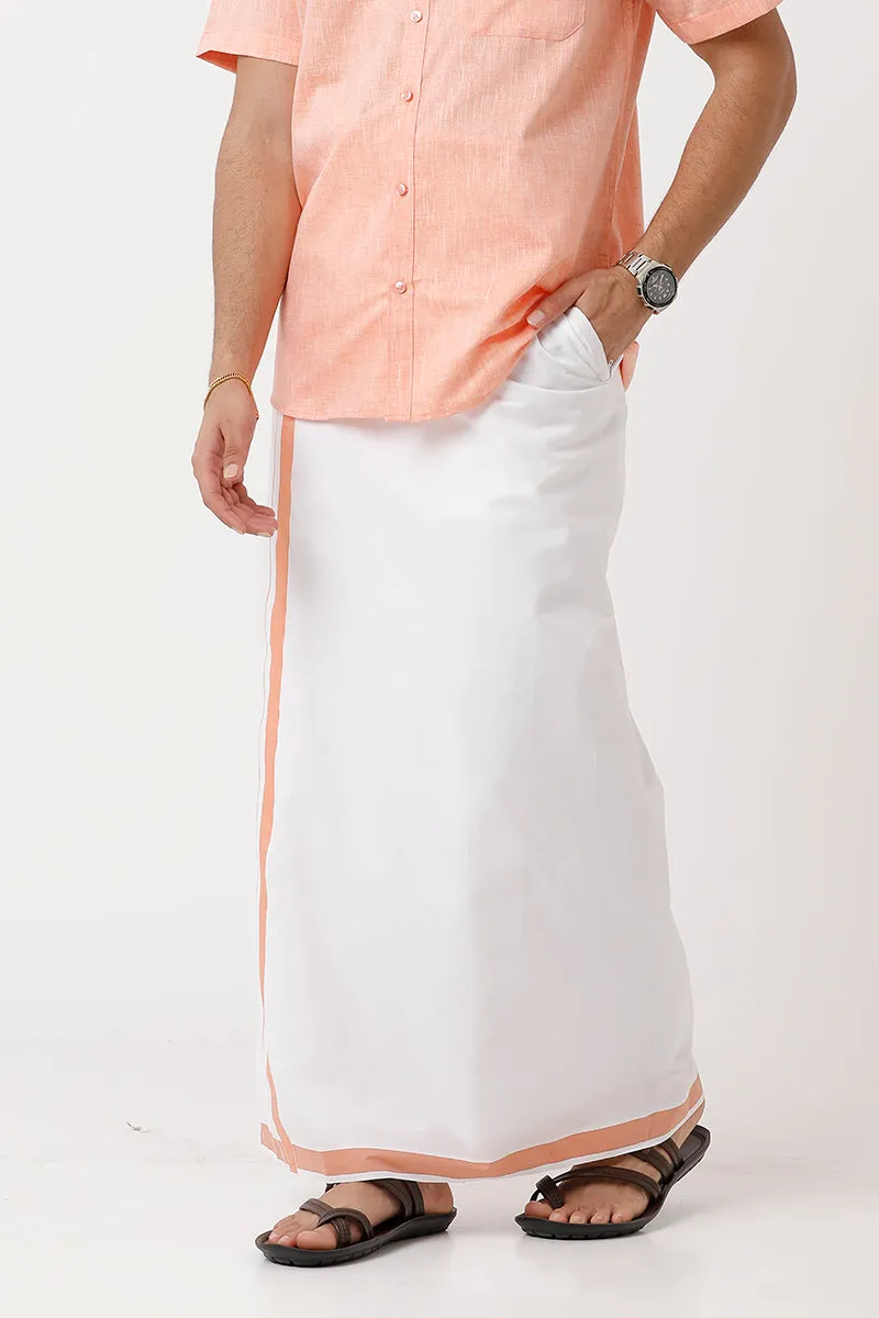 Varna - Peach Orange Single Layered Fancy Border Pocket Dhoti For Men | Uathayam