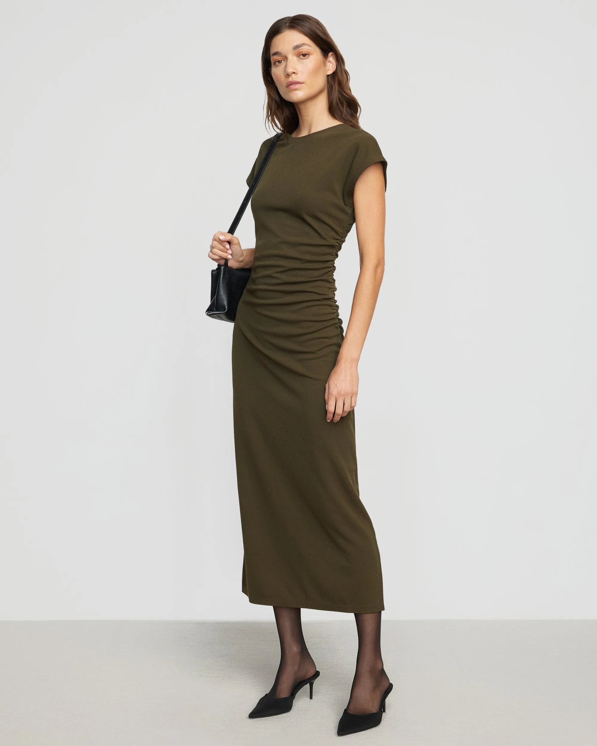 Vela Contrast-Stitch Ruched-Waist Dress