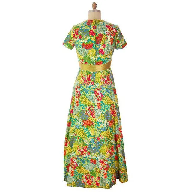 Vintage Polished Cotton Summer Maxi Gown Bright Florals Rona 1970s 38-32-42