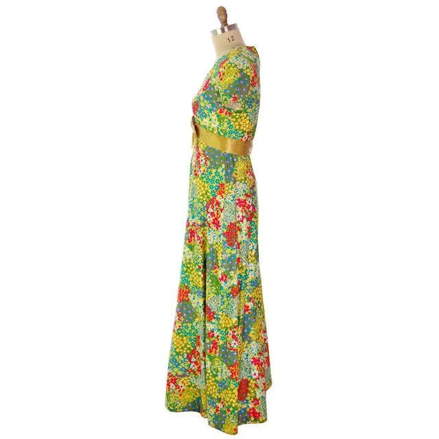 Vintage Polished Cotton Summer Maxi Gown Bright Florals Rona 1970s 38-32-42