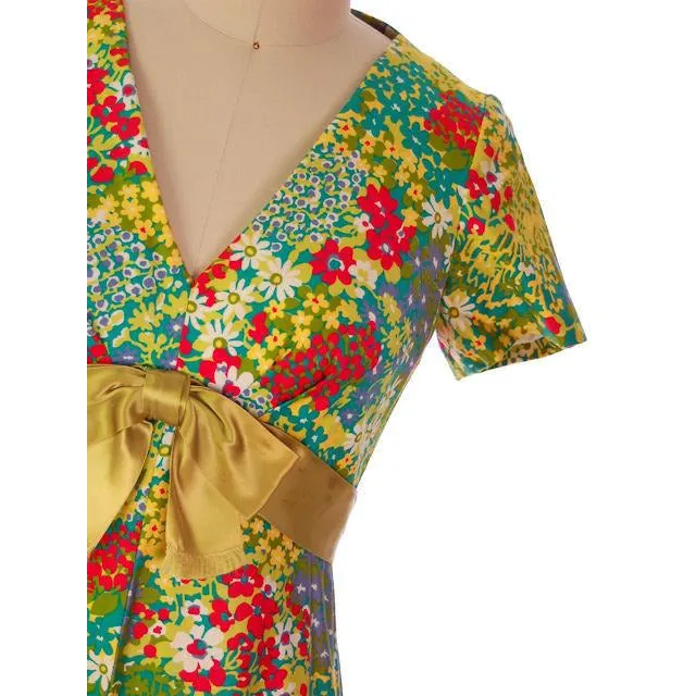 Vintage Polished Cotton Summer Maxi Gown Bright Florals Rona 1970s 38-32-42