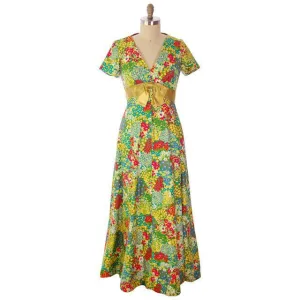 Vintage Polished Cotton Summer Maxi Gown Bright Florals Rona 1970s 38-32-42