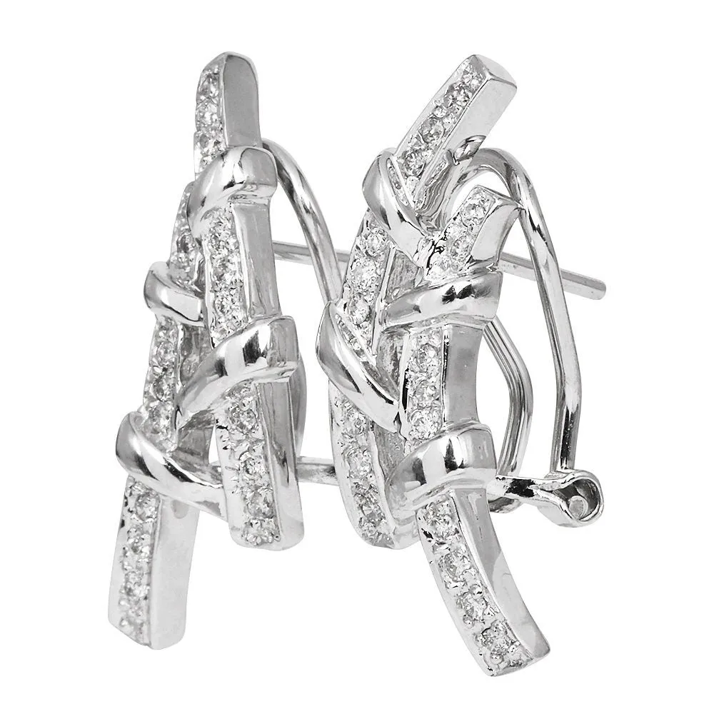 Vintage White Gold and Pavé Diamond Bamboo Earrings with Omega Backs