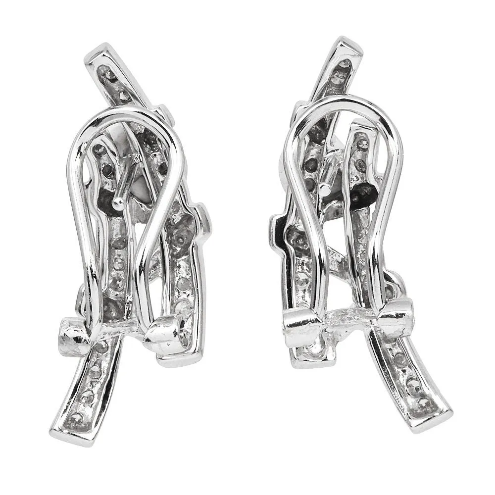 Vintage White Gold and Pavé Diamond Bamboo Earrings with Omega Backs