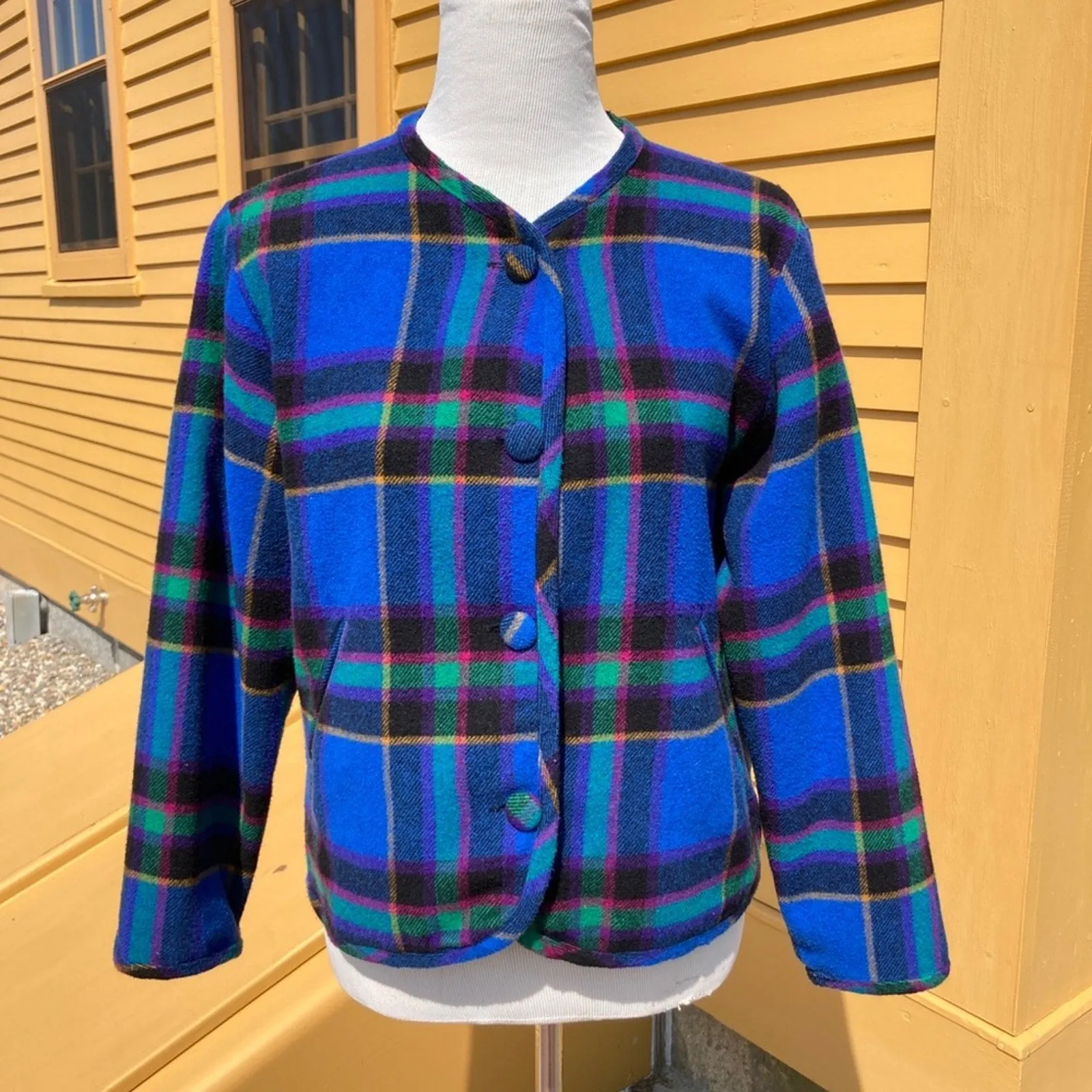 VTG The Limited Women's Royal Blue Violet Fuchsia Plaid Blazer - Size Large, Made in Italy