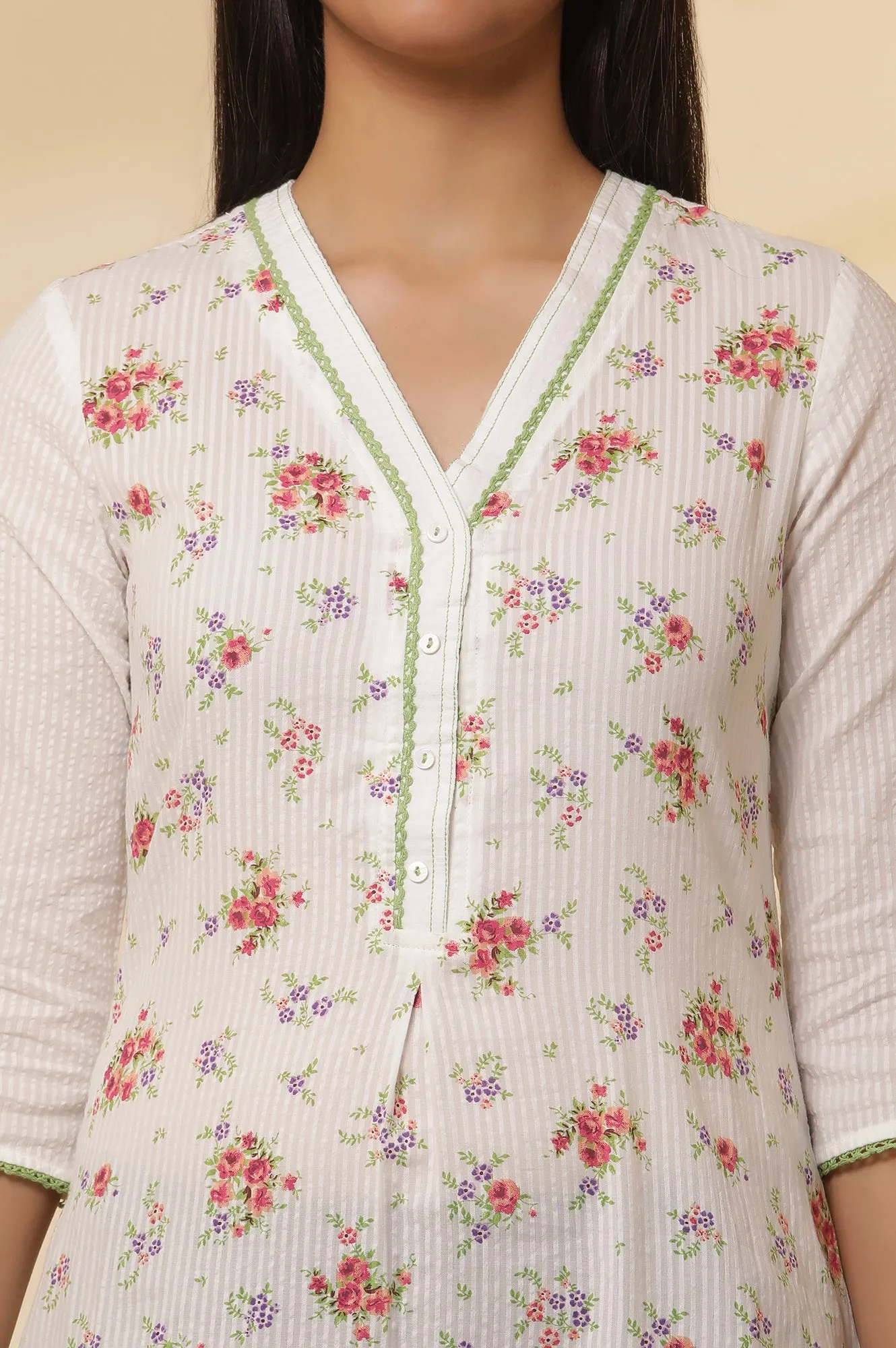 White Seer Sucker Floral Printed Kurta and Denim Jeggings Set