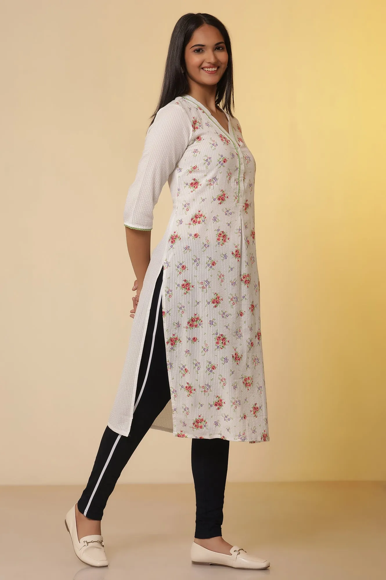 White Seer Sucker Floral Printed Kurta and Denim Jeggings Set