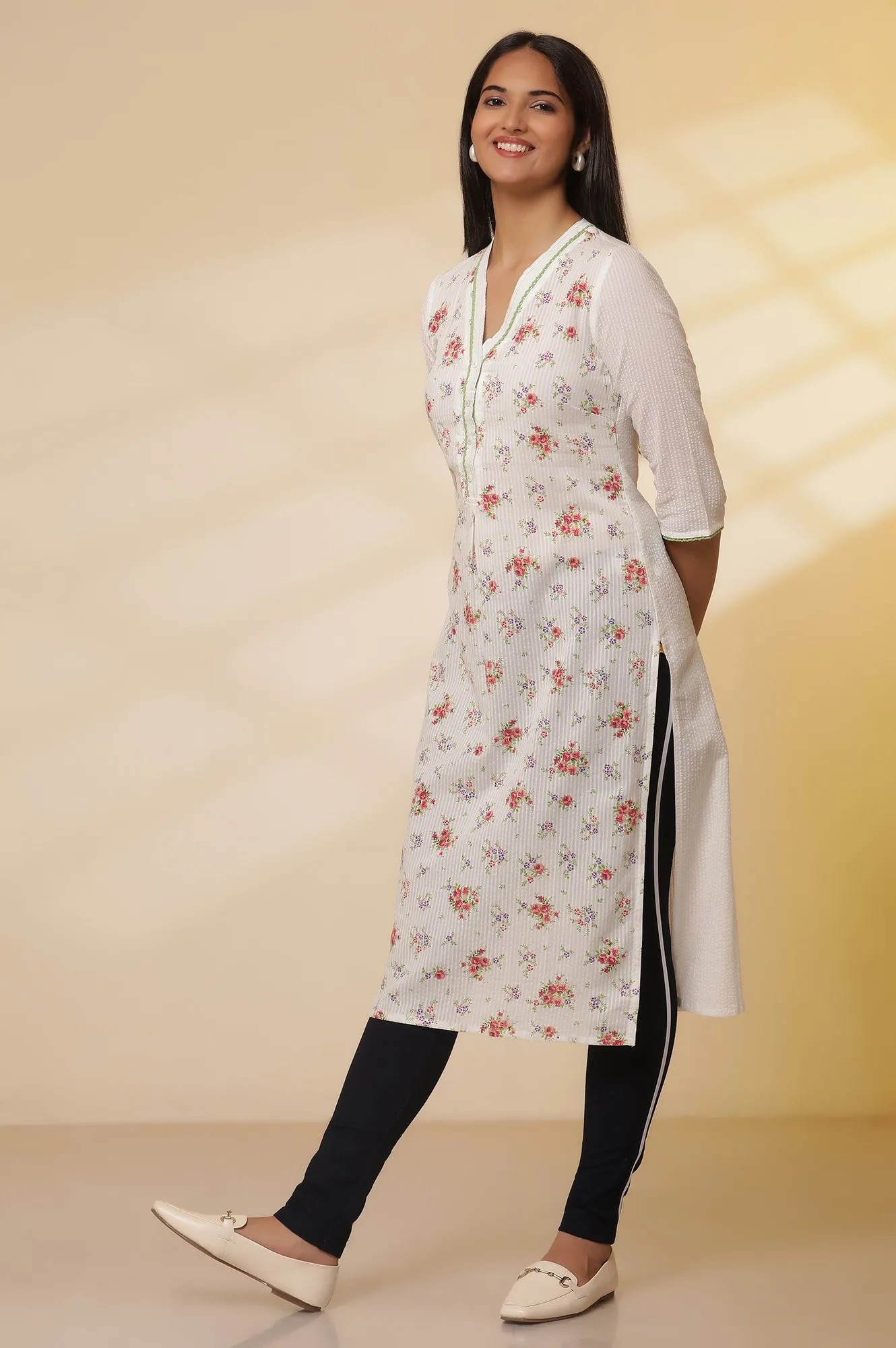 White Seer Sucker Floral Printed Kurta and Denim Jeggings Set