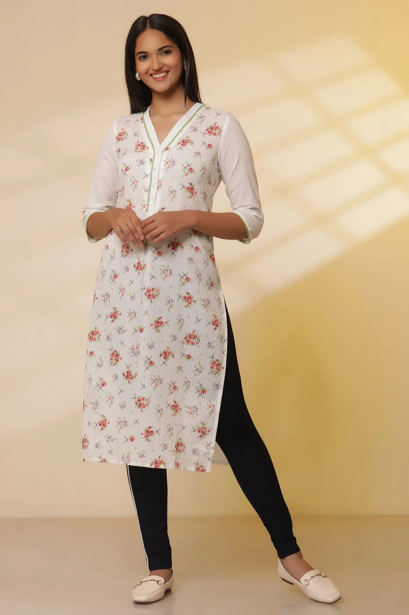 White Seer Sucker Floral Printed Kurta and Denim Jeggings Set