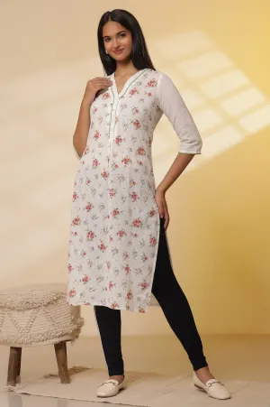 White Seer Sucker Floral Printed Kurta and Denim Jeggings Set