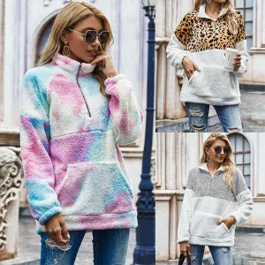 Winter Fleece Sweater Fashion Leopard Patchwork Fluffy Thick Sweaters