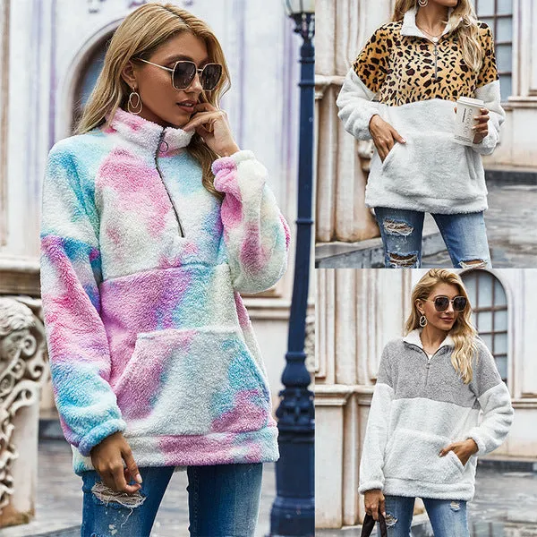 Winter Fleece Sweater Fashion Leopard Patchwork Fluffy Thick Sweaters