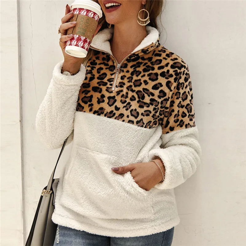 Winter Fleece Sweater Fashion Leopard Patchwork Fluffy Thick Sweaters