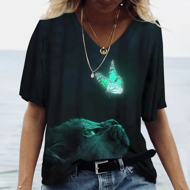 Women V-Neck Top Cats Print Shirt Tee