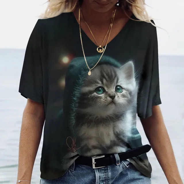 Women V-Neck Top Cats Print Shirt Tee