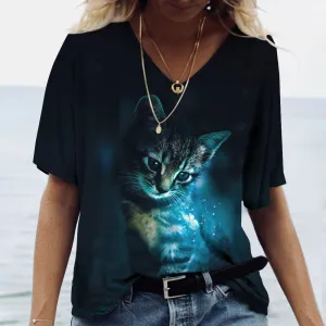 Women V-Neck Top Cats Print Shirt Tee