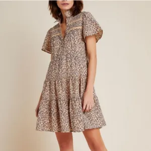 Womens Anthropologie Georgina Leopard Print Tiered Babydoll Dress Size XS