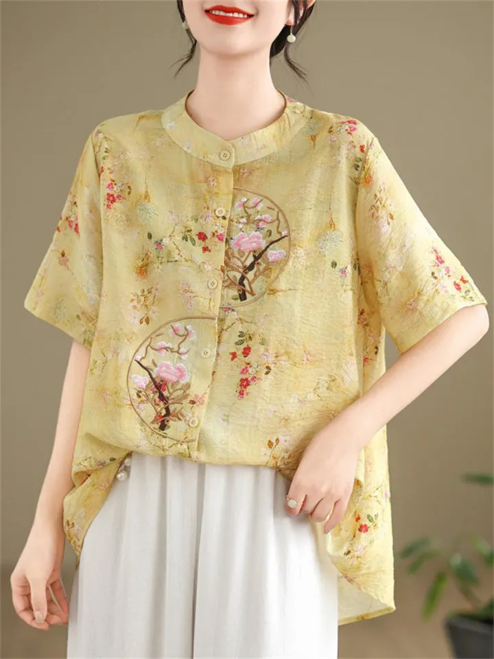 Women's Chinese Style Embroidery Summer Stand Collar Shirt