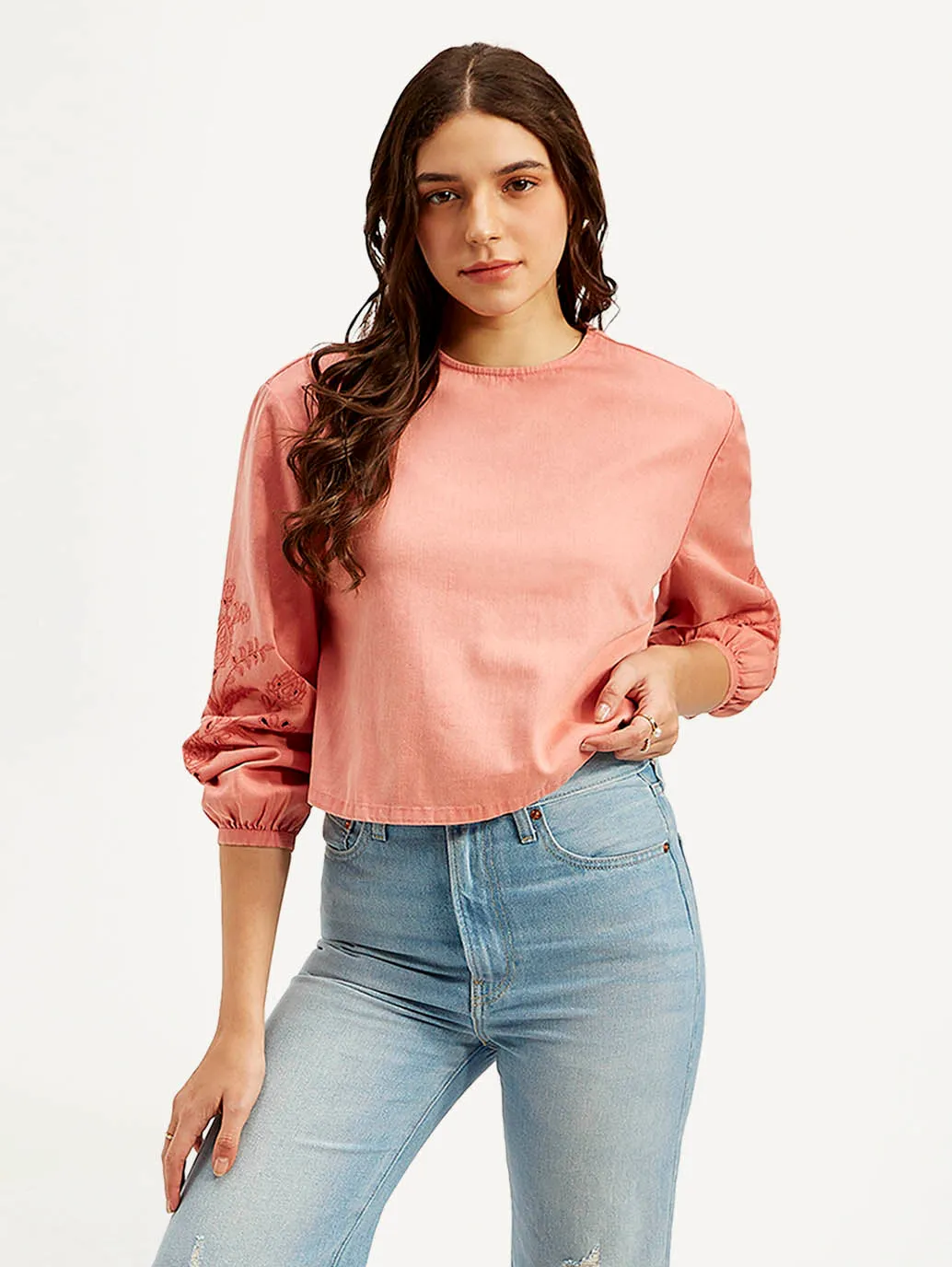 Women's Embroidered Coral Round Neck Top