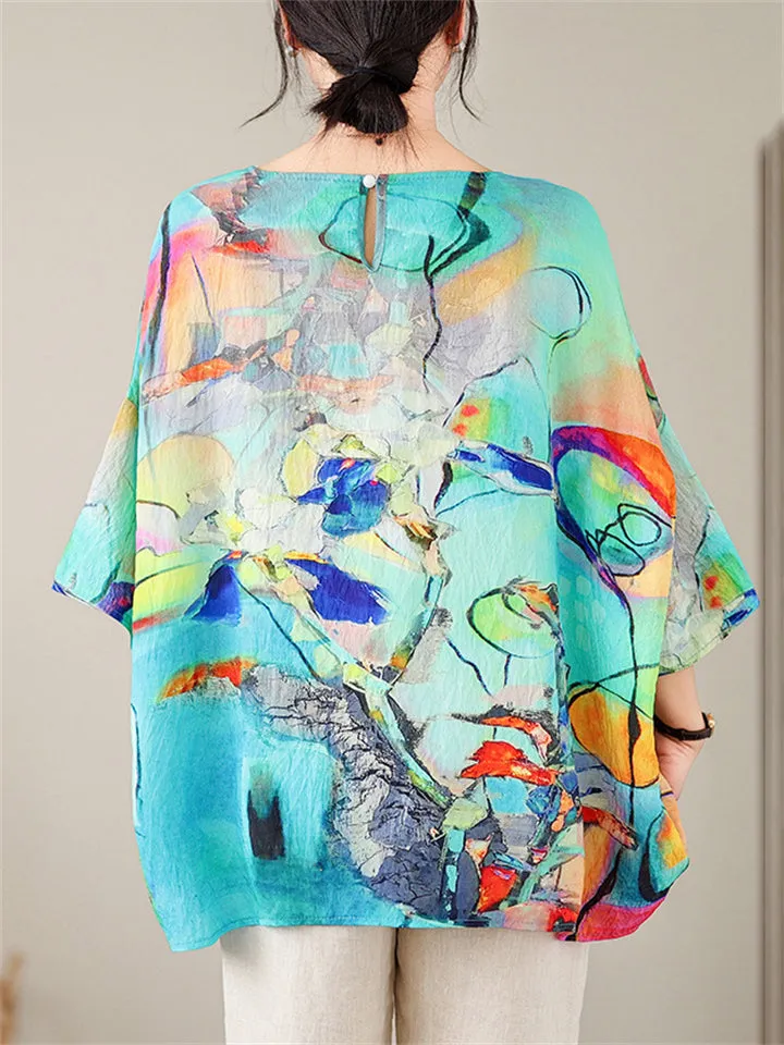 Women's Extra Loose Multicolor Print Short Sleeve Shirt