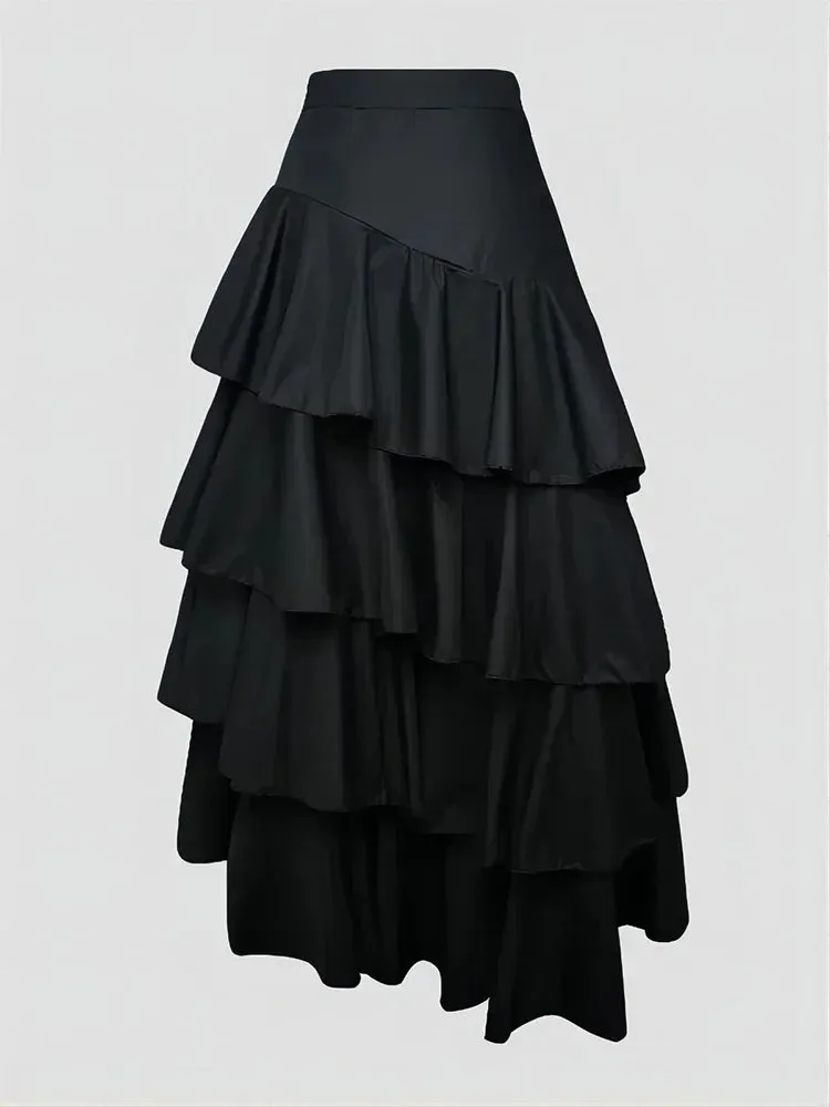 Women's High Waist Layered Ruffle Maxi Cake Skirt Elegant Party Wedding Guest Y2K Solid Vintage Black Solid A Line Skirts
