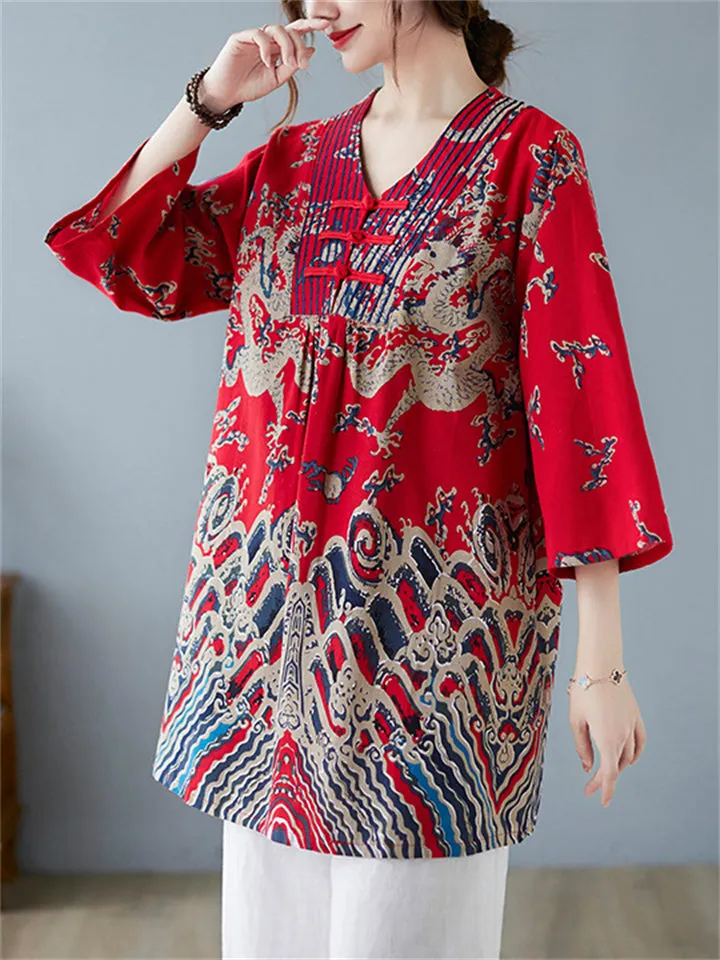 Women's Legendary Loong Print Retro 3/4 Sleeve Shirts