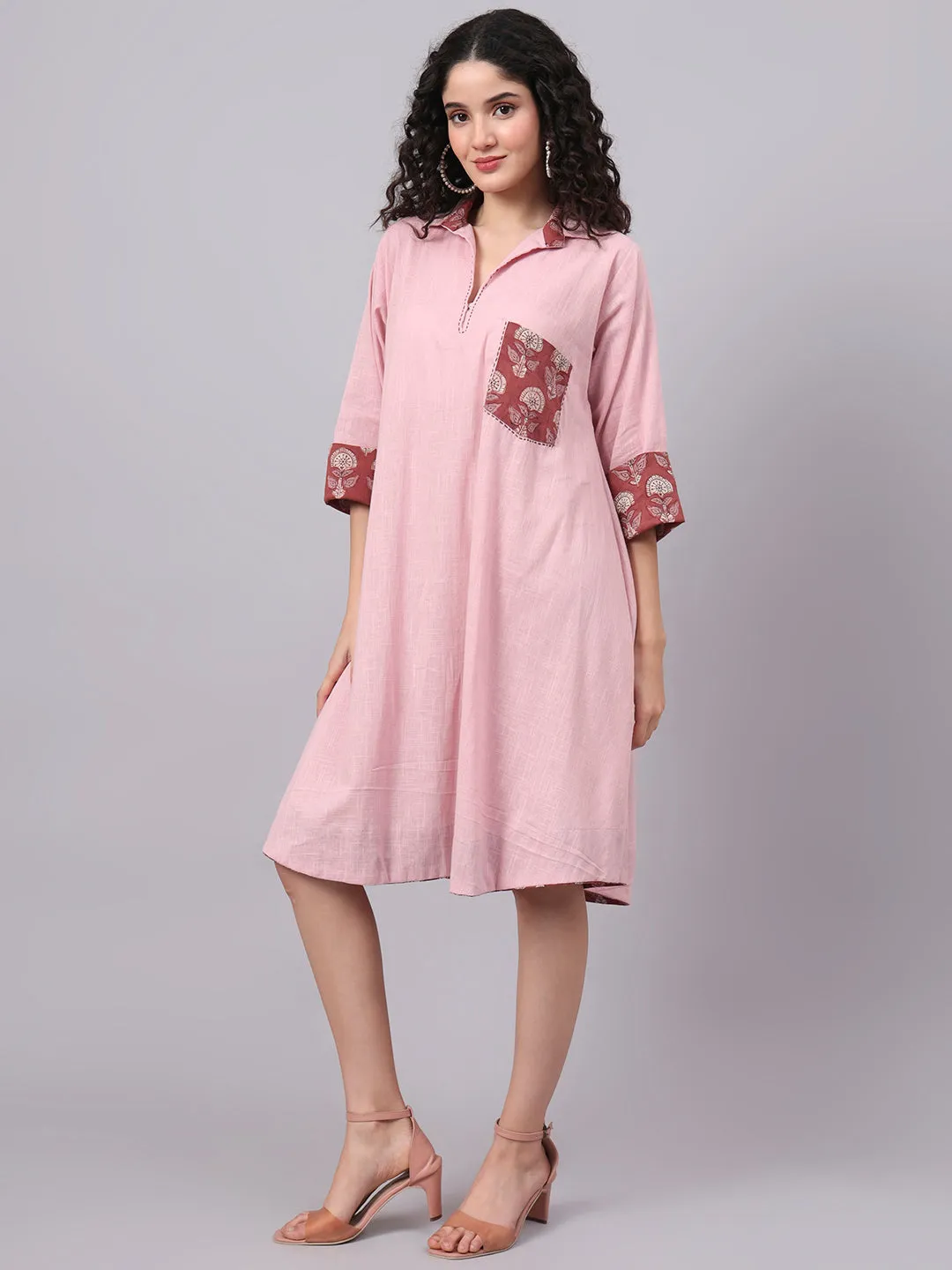 Women’s Tan Rose Pink Collared A-Line Cotton Dress | The Saffron Saga